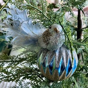 NWT Fancy Tail Bird Blue & Gold Christmas Ornament